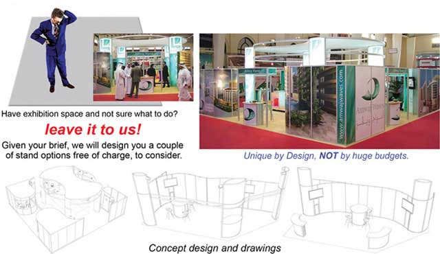 Photograph of exhibition stands and design drawings