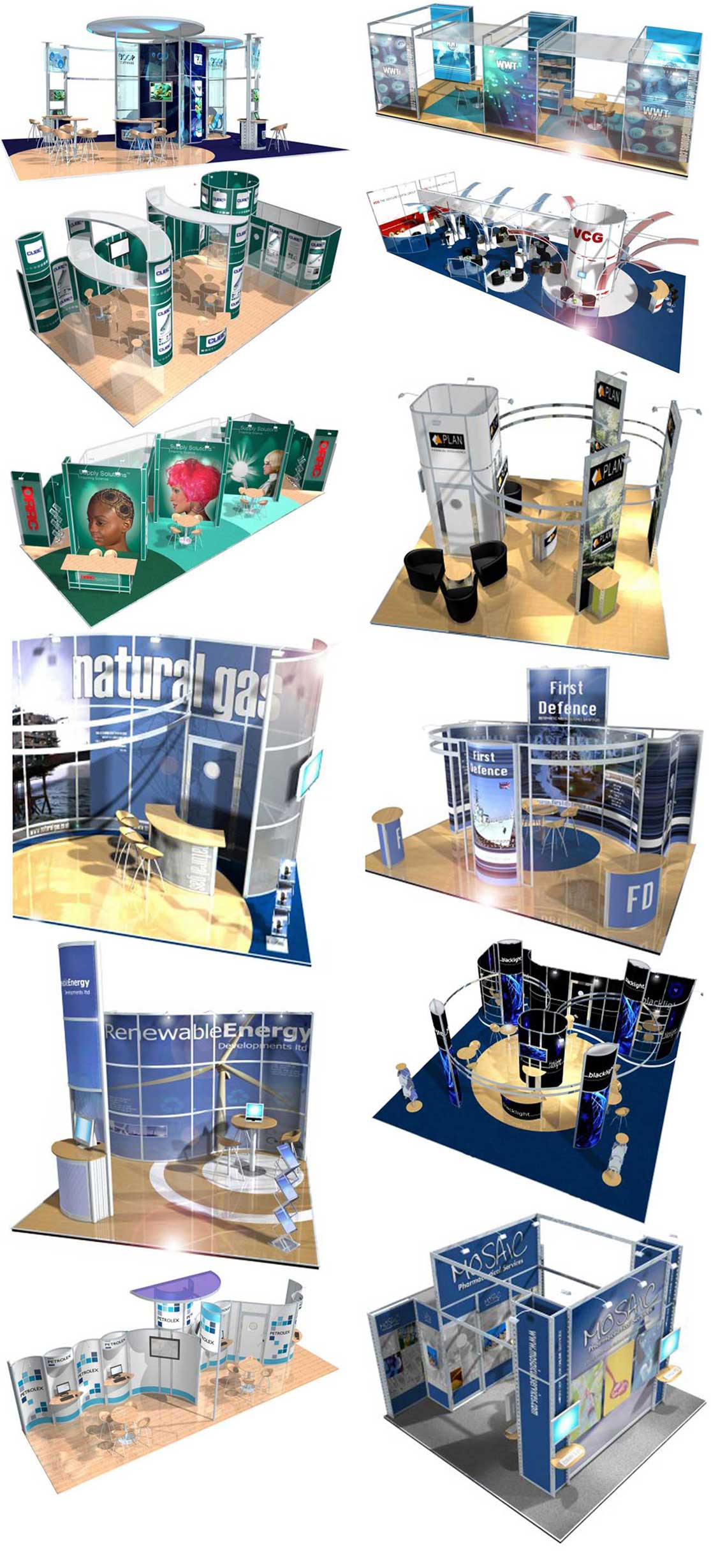 Photograph strip of a variety of exhibition stands